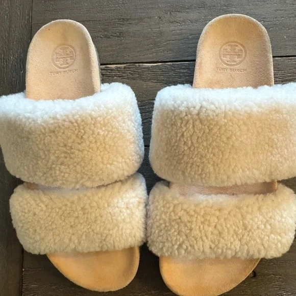 Gently Used Tory Burch Fur slippers Beige sz 9 Sheldon Shearling Two Band Slide - Picture 9 of 14